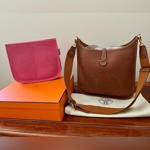 Hermes Gold Clemence Leather Evelyne PM (29) Shoulder Bag with Adjustable Strap